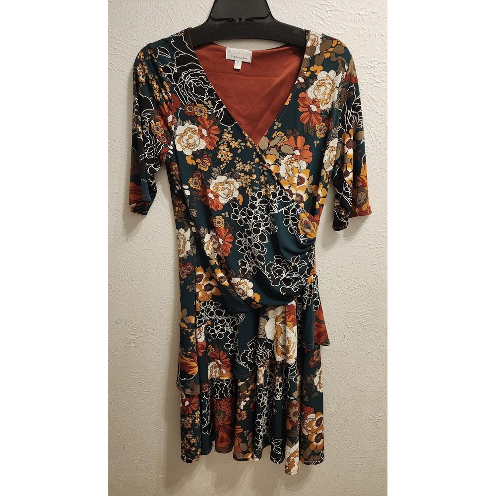 Signature by‎ Robbie Bee Dress Womens Medium Green Floral Wrap Ruffle RB62830